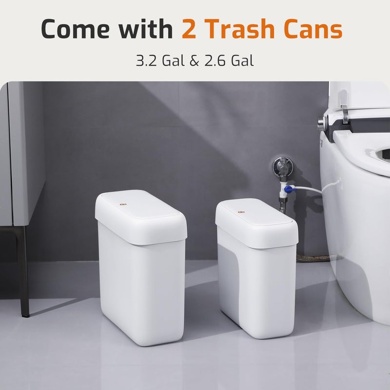 MOPALL 2 Pack Small Bathroom Trash Can with Lid, 3.2 Gallon / 11.5 L & 2.6 Gallon / 10 L Waste Basket with Pop-Up Lid, Slim Plastic Garbage Bin Dog Proof for Kitchen, Bedroom, Office, Toilet, White - Image 2